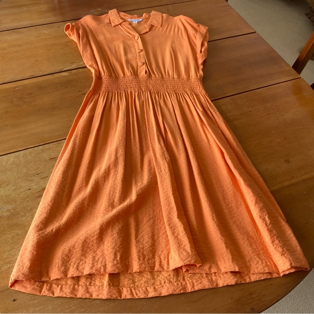 Melon Orange Button-Up Midi Dress with Elastic Waist Summer Travel Shirtdress